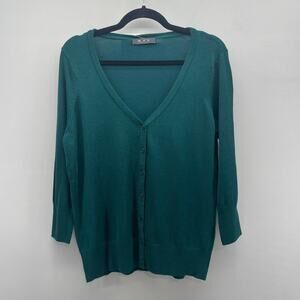 MAK Sweater Cardigan Womens 1X‎ Dark Teal Green V Neck Button Up Lightweight